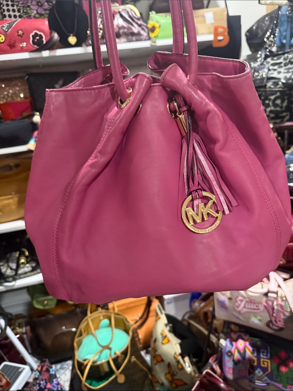 Michael Kors Pink Leather Shoulder Bag with Tassel and MK Charm